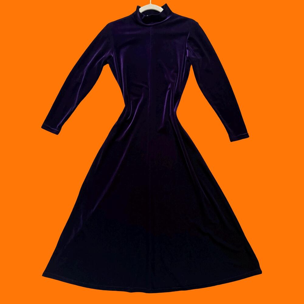 90's vintage dark purple velvet mock neck midi dress MEDIUM moda int'l